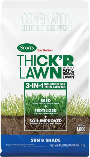 Scotts Turf Builder Thick'R Lawn Sun and Shade, combinación de semillas, fertilizante y mejorador del suelo, espesa el césped ralo, 10 libras.
