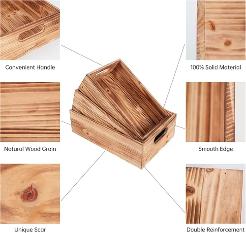 Miniatura 6 de PHOENANCEE Cajas de madera para exhibición, cajas decorativas rústicas de almacenamiento, juego de 3, caja anidable de madera con asas, cesta
