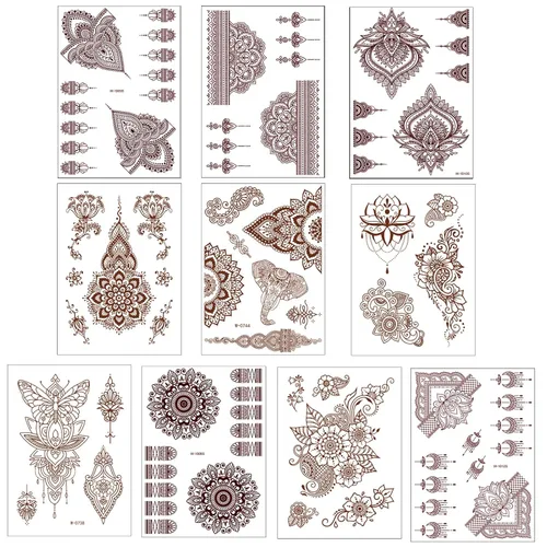 Kit de tatuaje de henna de 10 piezas, calcomanías temporales Adul, patrón de encaje, tatuajes falsos, calcomanías de henna para mujeres y niñas,