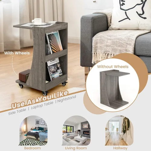 Miniatura 7 de Tangkula Mesa auxiliar en forma de C, mesa auxiliar pequeña para sofá/sofá, mesa auxiliar con compartimento trasero de 3 niveles, ruedas con frenos