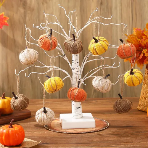 Miniatura 6 de Kajaia 12 piezas de mini adornos colgantes de calabaza de otoño de Acción de Gracias para árbol de 2.05 pulgadas, tela de arpillera, calabaza