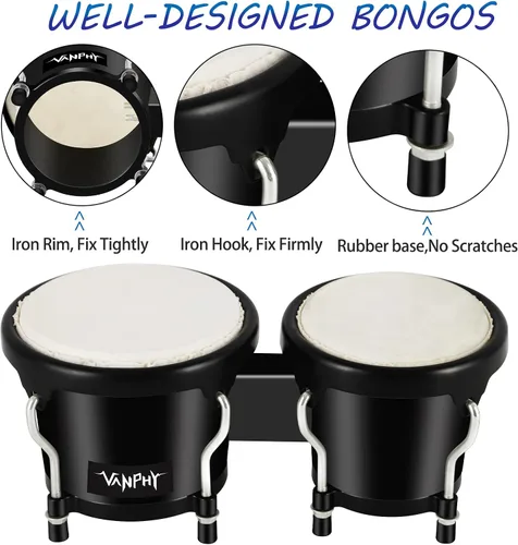 Miniatura 6 de Juego de Bongós de 4'' y 5'' para Adultos Principiantes, Bongós Naturales Afinables, Instrumentos de Percusión con Llave de Afinación y Caja