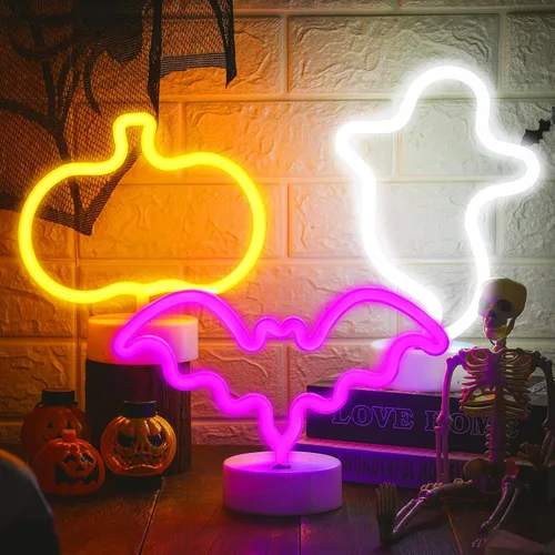 VIHOSE 3 piezas de luces de neón para decoración de Halloween, lámparas LED, fantasma, calabaza, murciélago, letreros de neón decorativos a pilas