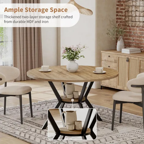 Miniatura 3 de MECHYIN Mesa de comedor redonda para 4 personas, mesa de cocina de granja de 42 pulgadas con almacenamiento, mesa de pedestal circular de madera