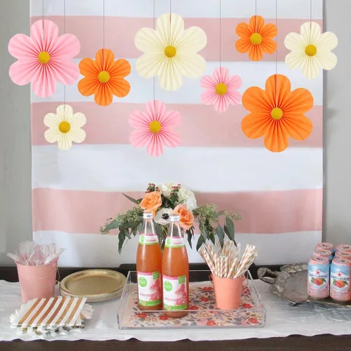 Miniatura 5 de Decoración de fiesta rosa y naranja, decoración de flores de papel para pared, abanicos de papel, telón de fondo floral, decoración de pared