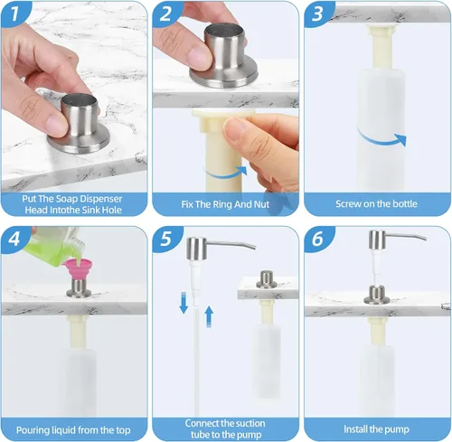 Miniatura 7 de Dispensador de jabón para platos para fregadero de cocina de níquel cepillado, dispensador de jabón para debajo del fregadero con cabezal de bomba