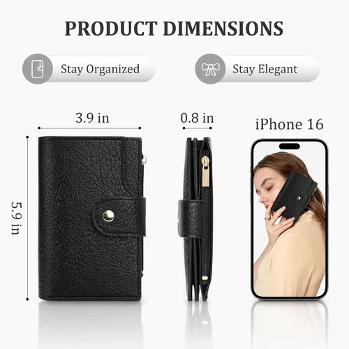 Miniatura 5 de Airkit Billetera pequeña plegable para mujer, con bloqueo RFID, tarjetero con cremallera, cartera de viaje con bolsillo para monedas, color negro