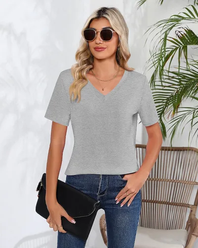 Miniatura 2 de Ficerd Paquete de 2 camisetas con cuello en V para mujer, manga corta o larga, camisetas básicas de verano casuales con dobladillo sólido
