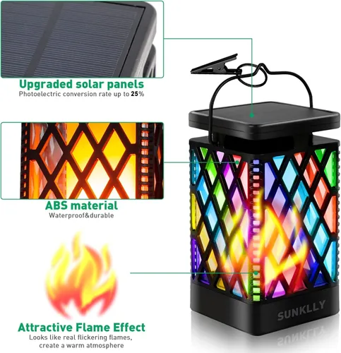 Miniatura 2 de Faroles solares colgantes que cambian de color y fijas, 9 modos, impermeables, luces colgantes para exteriores, llama parpadeante, linternas