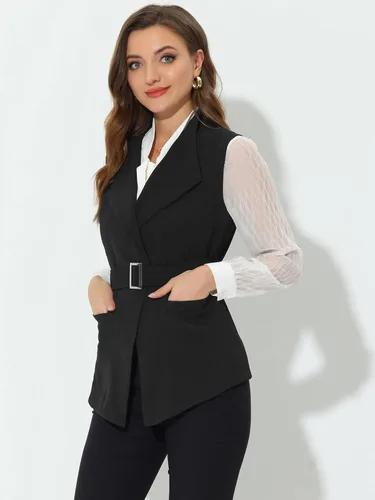 Miniatura 2 de Allegra K Chaqueta sin mangas para mujer, cuello chal, con cinturón, para trabajo, oficina, chaleco