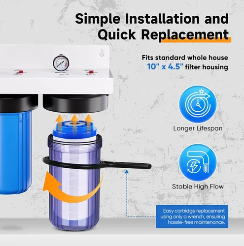 Miniatura 7 de PUREPLUS Sistema de filtración de agua de 2 etapas para toda la casa, carcasa transparente universal de 10 pulgadas, reduce los sedimentos