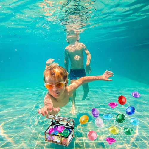 Miniatura 6 de XIJUAN Juguetes de buceo de gemas para piscina, juguetes de arena, cofre del tesoro de diamantes de 14 colores, juego de verano de buceo pirata