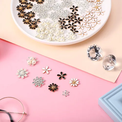 Miniatura 5 de 80 Piezas Botones de Diamantes de Imitación Botones de Adornos Botones de Perlas Falsas de Respaldo Plano Botones de Flores para Hacer Joyas