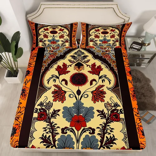 Miniatura 19 de Sábanas de cama góticas de damasco para adultos, sábana bajera ajustable victoriana antigua, sábanas góticas florales vintage, juego de ropa de cama