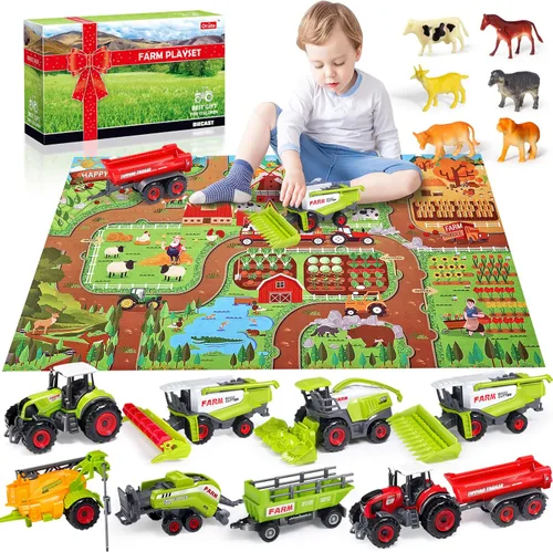 Miniatura 7 de Oriate Transportador de tractor de granja con animales de granja de dibujos animados y tapete de juego, paquete de 6 juguetes rociadores de baño