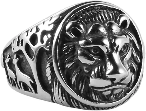Anillo de acero inoxidable HZMAN para hombre, diseño de cabeza de león, color dorado, plateado y negro