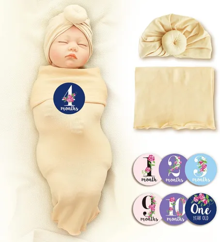 Trilly Juego de manta para envolver al bebé con turbante de bebé (beige), 12 calcomanías de hitos para niñas, sacos para recién nacidos, regalos de