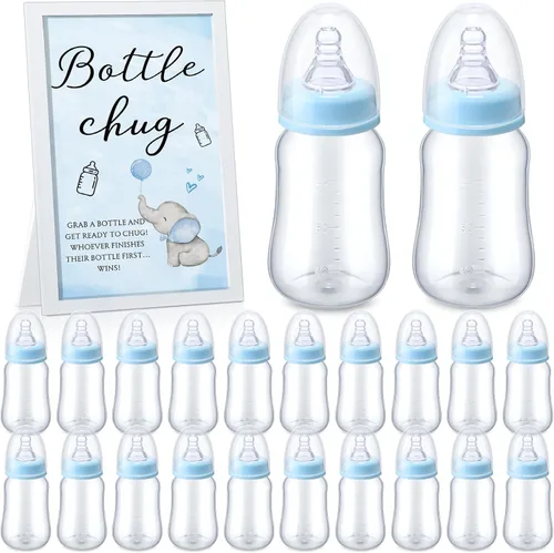 Miniatura 10 de Roowest Bottle Chug Baby Shower Games Favores que incluyen 18 botellas con 1 botella de chug de madera para revelación de género y suministros