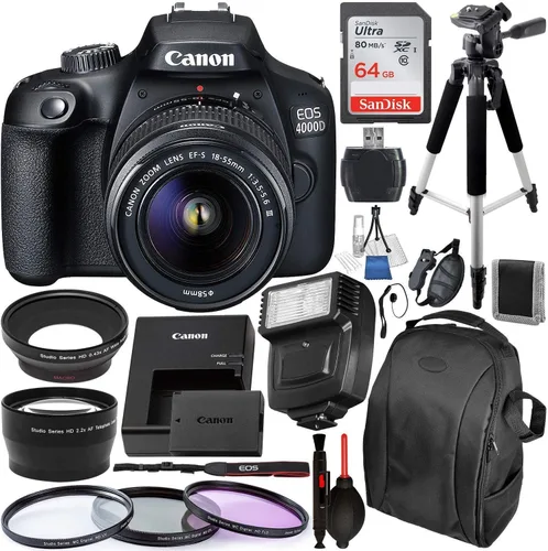 Canon Cámara DSLR EOS 4000D/Rebel T100 con lente III de 0.709-2.165 in y paquete de accesorios, incluye tarjeta de memoria SanDisk Ultra 64GB SDXC y