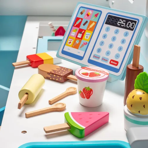 Miniatura 7 de Juego de camión de helados de madera - 20 piezas de juguetes divertidos incluyendo congelador, volante, fregadero y lámina de pegatinas para niños