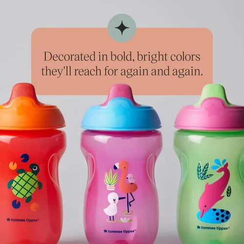 Miniatura 6 de Tommee Tippee Vaso Sippee, 9m+, 10 onzas, paquete de 3 botellas de agua antiderrames para niños, rojo, morado y verde, pico resistente a mordidas