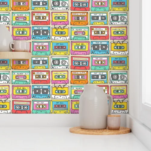 Miniatura 8 de Muestras de papel tapiz extraíbles, cinta de mezcla de música más pequeña, retro vintage de los años 90, papel pintado prepegado personalizado por