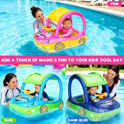 Miniatura 4 de iGeeKid Flotador inflable de piscina para bebé con toldo, asiento de seguridad para bebé, flotadores de natación en forma de automóvil, flotadores