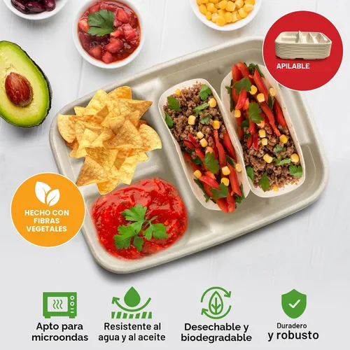 Miniatura 4 de Platos desechables para tacos para 2 tacos y 2 guarniciones – PACK de 50 Platos de papel premium con divisores, soporte para tacos de fiesta