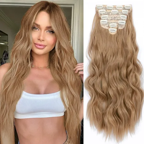 NAYOO Extensiones de cabello con clip, de 20 pulgadas, largo, ondulado, rizado, rubio ceniza, extensiones de cabello sintético de cabeza completa (6