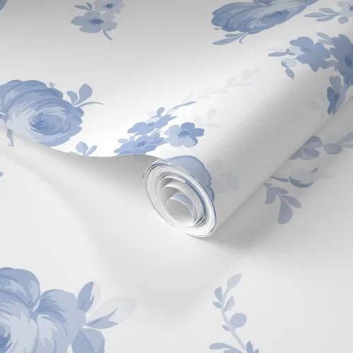 Miniatura 2 de Spoonflower Muestro de papel tapiz extraíble - Romántico Floral Azul Blanco Shabby Chic Flores Primavera Desvanecido Personalizado Papel pintado