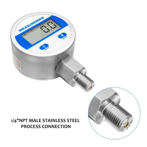 Miniatura 5 de MEASUREMAN Dial de 2-1/2", manómetro industrial hidráulico digital con montaje inferior NPT de 1/4", caja de acero inoxidable y conexión