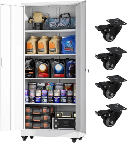 Miniatura 19 de Greenvelly Armario de almacenamiento de metal con cerradura, gabinete de almacenamiento cerrado negro de 72 pulgadas con 2 puertas y 4 estantes