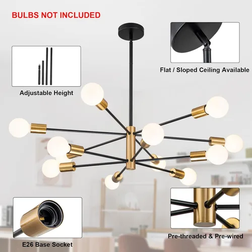 Miniatura 3 de SINERISE Lámpara de Araña Moderna Sputnik, Luminaria de Lámpara de Araña de 12 Luces Luminaria de Techo Lámpara de Araña Negra y Dorada Lámpara