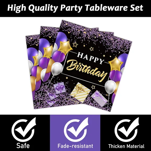Miniatura 4 de Wiooffen 96 piezas de juego de vajilla para fiesta de cumpleaños morado - Juego de platos, servilletas y vajilla morados y negros, suministros