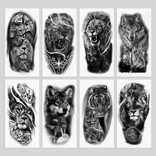 Miniatura 7 de 8 hojas de tatuajes temporales de león, lobo, tigre, para hombres y adultos, brújula de vida silvestre realista, calcomanías falsas de tatuaje