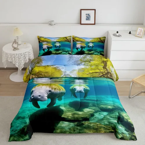 Miniatura 28 de Erosebridal Juego de edredón de ballena náutica, tamaño individual, juego de ropa de cama vintage azul con ondas oceánicas para niños y niñas
