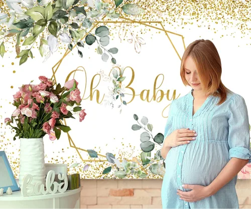 Miniatura 2 de InMemory Greenery Oh Baby Shower - Telón de fondo con purpurina de eucalipto dorado neutro para baby shower, fondo de fotografía de hojas verdes