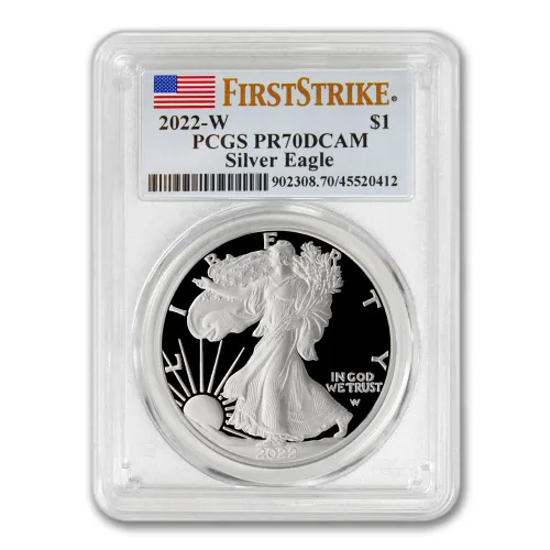 Miniatura 2 de 2022 W 1 oz Proof American Silver Eagle PR-70 Deep Cameo (primer golpe - etiqueta de bandera) con embalaje original del gobierno $1 PCGS PR70DCAM