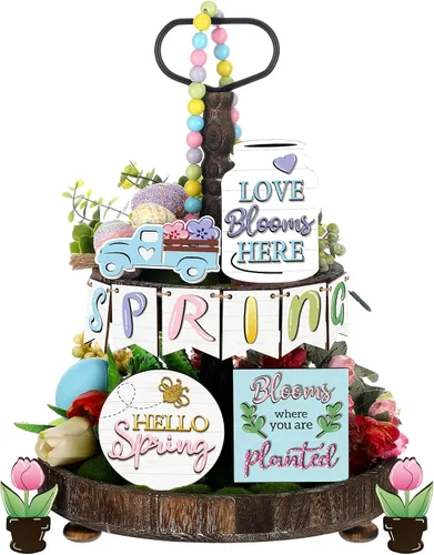 Miniatura 8 de Patelai Juego de decoración de bandejas escalonadas de madera pastel Hello Spring Decor Truck Tulipán Flower Table Signs, decoración rústica