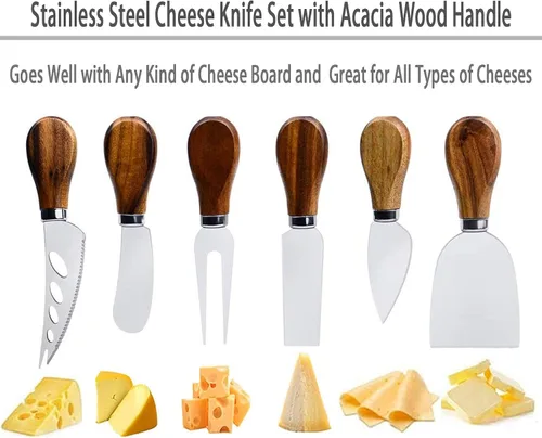 Miniatura 2 de Juego de cuchillos de queso, colección de cuchillos de queso de acero inoxidable de 6 piezas con cortador de queso, tenedor de queso, cuchillo