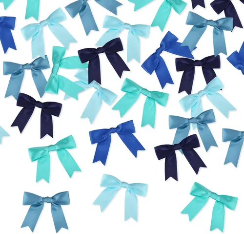 Miniatura 4 de Meseey 50 lazos preatados de cinta de satén azul polvoriento, surtidos con lazo torcido, lazos preatados de 2.5 pulgadas para bolsas de golosinas