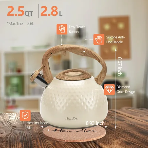 Miniatura 6 de Tetera de Harriet para estufa, tetera de 2.5QT con silbato de 5 capas en la parte inferior, tetera de acero inoxidable de grado alimenticio