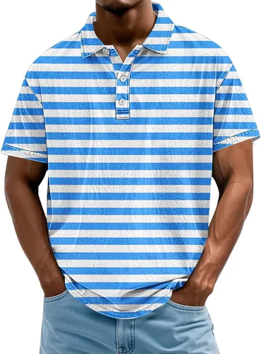 Miniatura 27 de Camisa polo de manga corta para hombre, camiseta de golf a rayas, de manga corta, para vacaciones, casual, cuello en V, camiseta de verano con Rojo