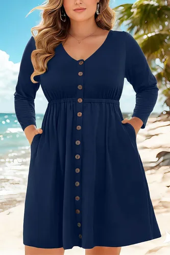 Miniatura 8 de Holipick Vestidos de verano para mujer, talla grande, casual, con bolsillos, acampanado, con botones, sin mangas, cuello en V