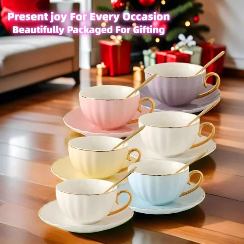 Miniatura 5 de ICHAG Juego de taza y platillo de porcelana de hueso de 18 piezas, tazas de café de calabaza de 7.7 onzas con ribete dorado y cucharas, tazas
