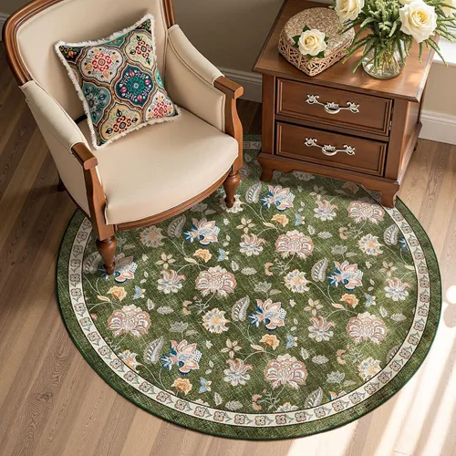 Miniatura 185 de Jinchan Fiora - Alfombra redonda de 8 pies, alfombras vintage con diseño floral envejecido, lavable a máquina, antideslizante, de pelo bajo, Azul
