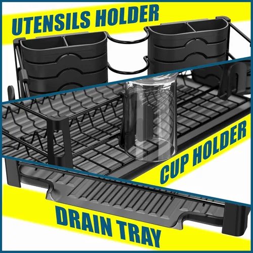 Miniatura 3 de SIMPLE HOUSEWARE Escurridor de platos con escurridor, soporte para utensilios y ganchos para tazas, organizador de mostrador de cocina de metal negro