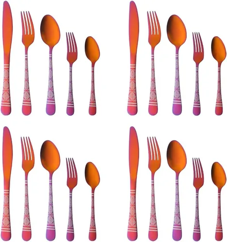 Miniatura 8 de Juego de cubiertos martillados dorados para 4, 20 piezas, diseño único de acero inoxidable, incluye cuchillos, tenedores, cucharas, esmalte de Oro
