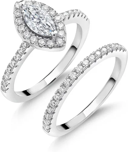Gem Stone King Anillo de compromiso de boda de plata de ley 925 con moissanita blanca para mujer (1.02 quilates, corte marquesa de 0.315 x 0.157 in,