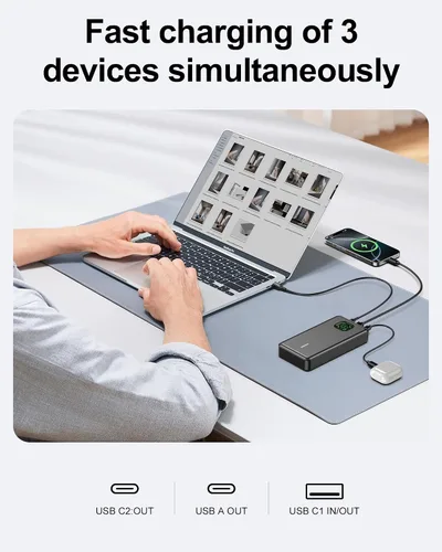 Miniatura 6 de Banco de energía de 65W, cargador portátil USB C para laptop de 25000mAh esencial para viajes, paquete de batería de carga rápida total de 100W